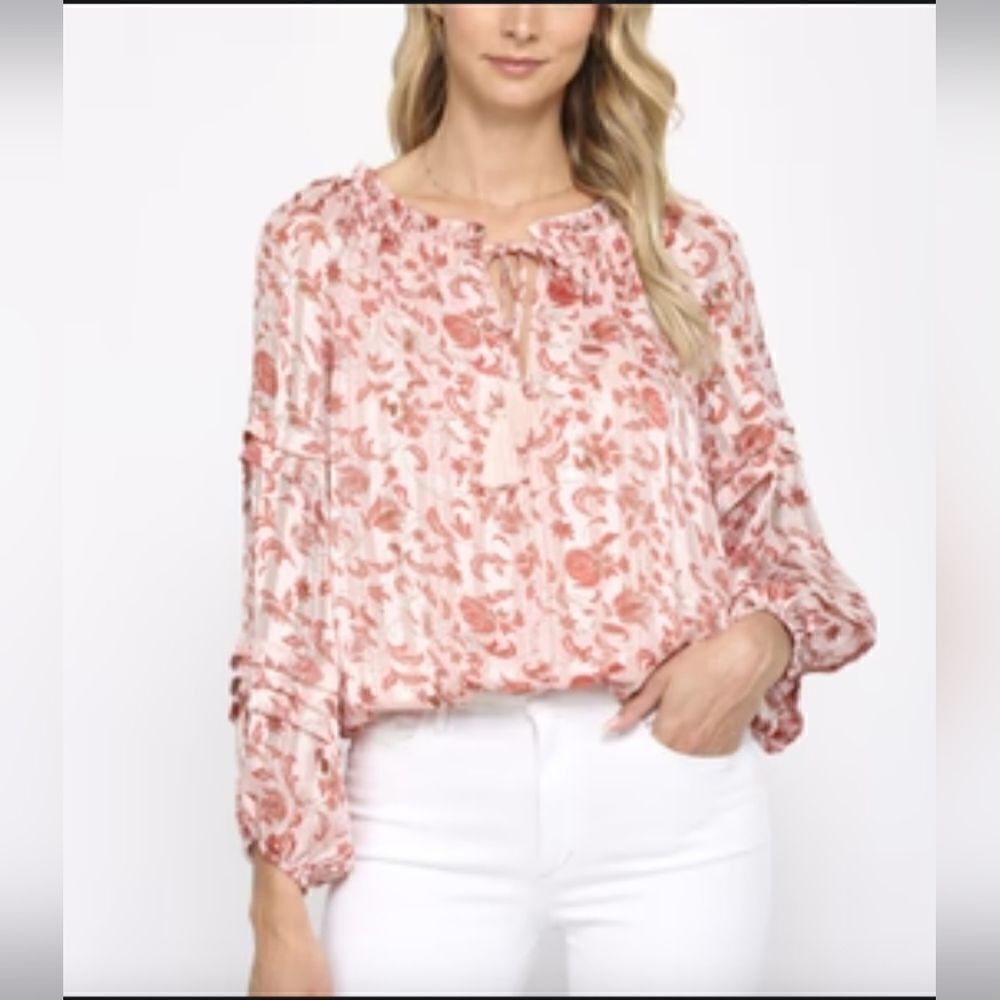 New Fate Floral Print Chiffon Bodysuit Pink Blouse Women’s L